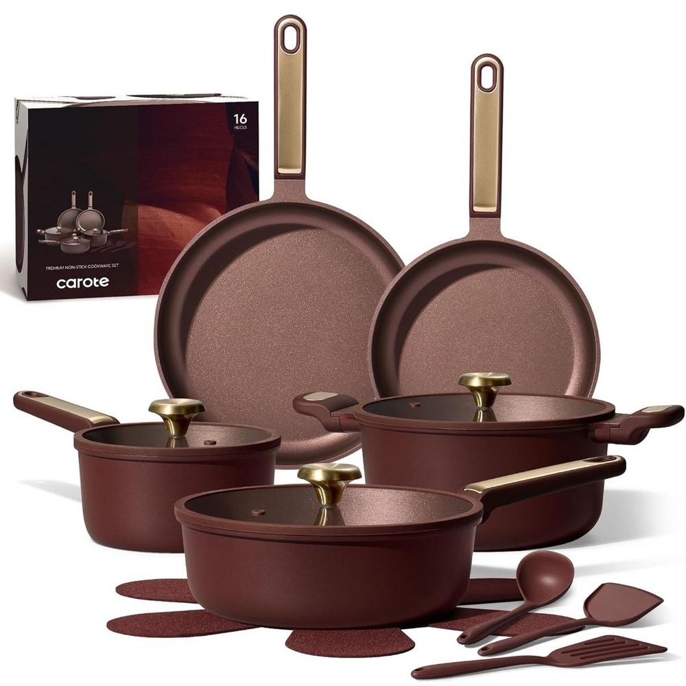 Carote Wine Red 16 Piece Nonstick Cookware Pots Pans Induction Lids Set